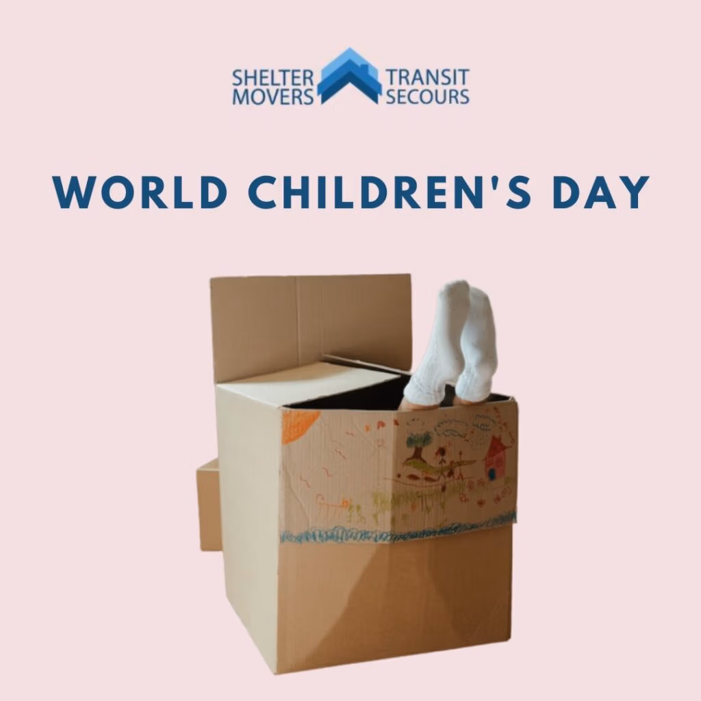 a social media post by webgency for shelter movers. A kid's feet are coming out of a carton box while playing in it.