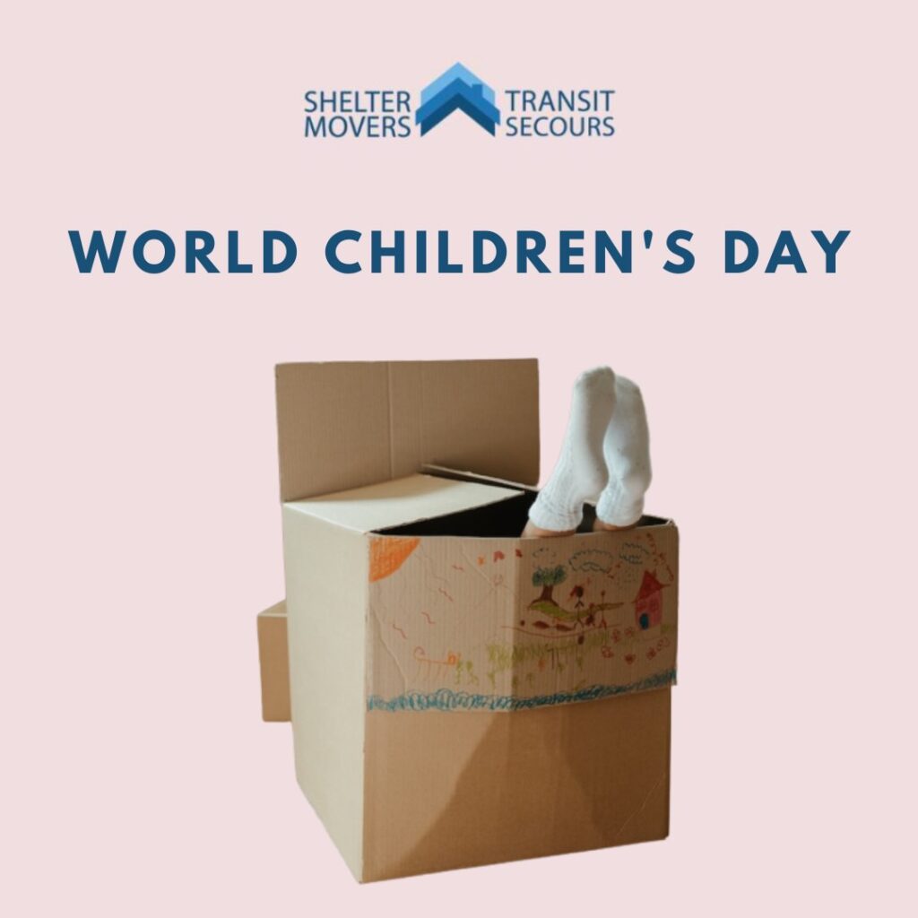a social media post by webgency for shelter movers. A kid's feet are coming out of a carton box while playing in it.
